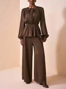 Zivah 2025 秋季新款音乐节、复活节、圣帕特里克节、西部风、游牧风、生日派对、毕业典礼、学院风、学生装、日常休闲、基本百搭、休闲、邮轮旅行、海滩、日光浴、病毒式传播、街头服饰、婚礼宾客波西米亚风、通勤、早午餐、机场、优雅圆领系带褶饰长袖上衣和裤子 2 件套 - B - 棕色 - 查看 7