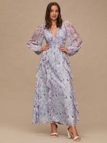 Enchnt Women's Elegant Floral Print Ruffle Hem Dress - Purple - View 6