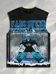 ROMWE MEN Street Life 男士时尚图案和字母印花背心，夏季 - 黑色 - 查看 4