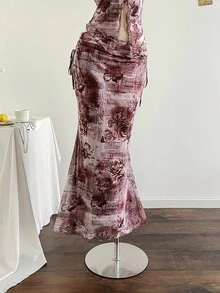 Soleia Spring/Summer Vacation Elegant New Strapless Sleeveless Printed Mesh Top & Pleated Skirt 2 Pieces Set - Multicolor - View 6