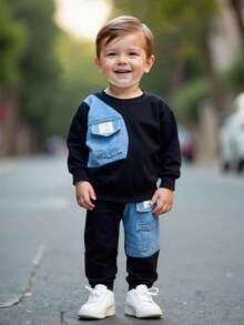 SHEIN 2 件套男婴牛仔拼布圆领运动衫和黑色裤子套装，休闲日常穿着 - 彩色 - 查看 8