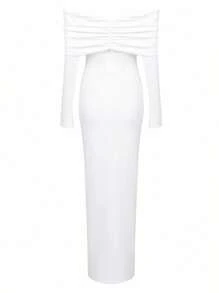 Slaydiva Women's Solid Color Ruched Off Shoulder Slim Sexy Long Sleeve Dress - White - View 2