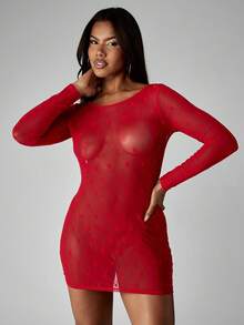 Missguided x Playboy Christmas Party Mini Dress Sheer Long Sleeve Bodycon Dress Holiday Clubwear Transparent Mesh Dress Backless Evening Night Out Allover Print Red Dress - Cherry Red - View 3