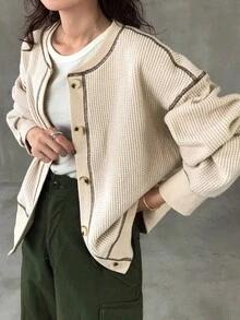 FRIFUL 女士杏色撞色缝线下摆纽扣开合宽松休闲百搭夹克，适合外出、机场、旅行、秋季时尚 - 杏色 - 查看 4