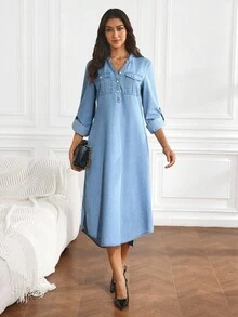 SHEIN Tall 女式 V 领长袖牛仔连衣裙，带袖口，宽松版型，前短后长