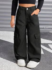 SHEIN Young Girl Y2K Cargo Pocket Loose Fit Casual Khaki Jeans, Girl Fall And Winter Street Cool Style Pant, Y2k Outfits For Girls, Black Cargo Pants For Girls, Kids Cargo Pants Y2k