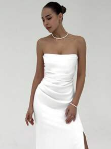 Aloruh 女士纯色垂褶开衩超长抹胸连衣裙 - 白色 - 查看 6