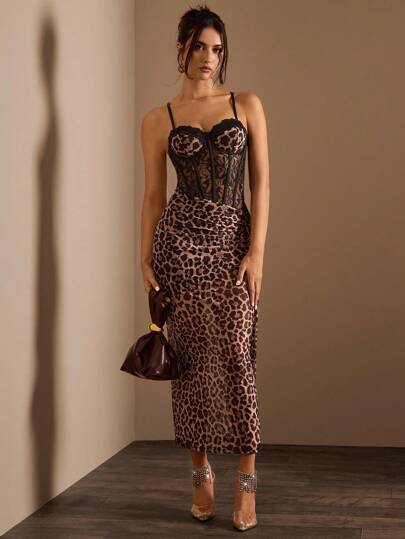 Bonvoyette 性感优雅蕾丝豹纹不对称腰部透视鱼骨褶皱细节单面肩带长裙女式长裙