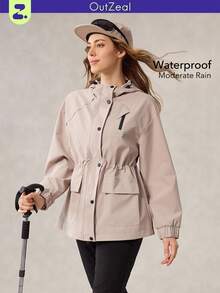 OutZeal 女式防水防风抽绳腰部翻盖口袋连帽户外外套徒步露营 - 卡其色 - 查看 1