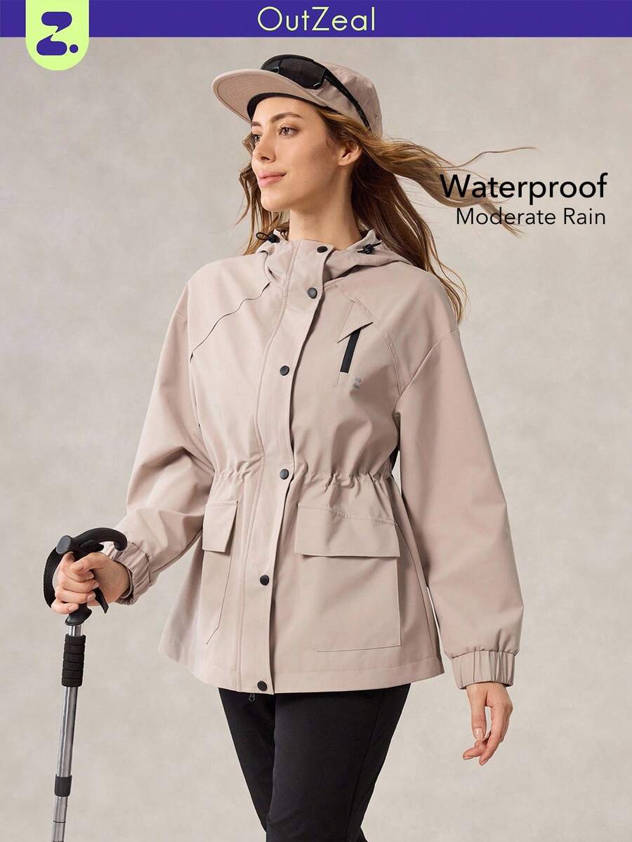 OutZeal 女式防水防风抽绳腰部翻盖口袋连帽户外外套徒步露营 - 卡其色 - 查看 1