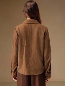 Anewsta 时尚奢华设计手工水钻亮片条纹长袖宽松优雅领口女式衬衫，秋冬 - 咖啡棕 - 查看 7