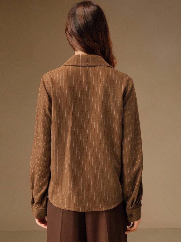 Fashionable Luxury Design Handmade Rhinestone & Sequin Striped Long Sleeve Loose Elegant Collared Women Shirt, Autumn/Winter