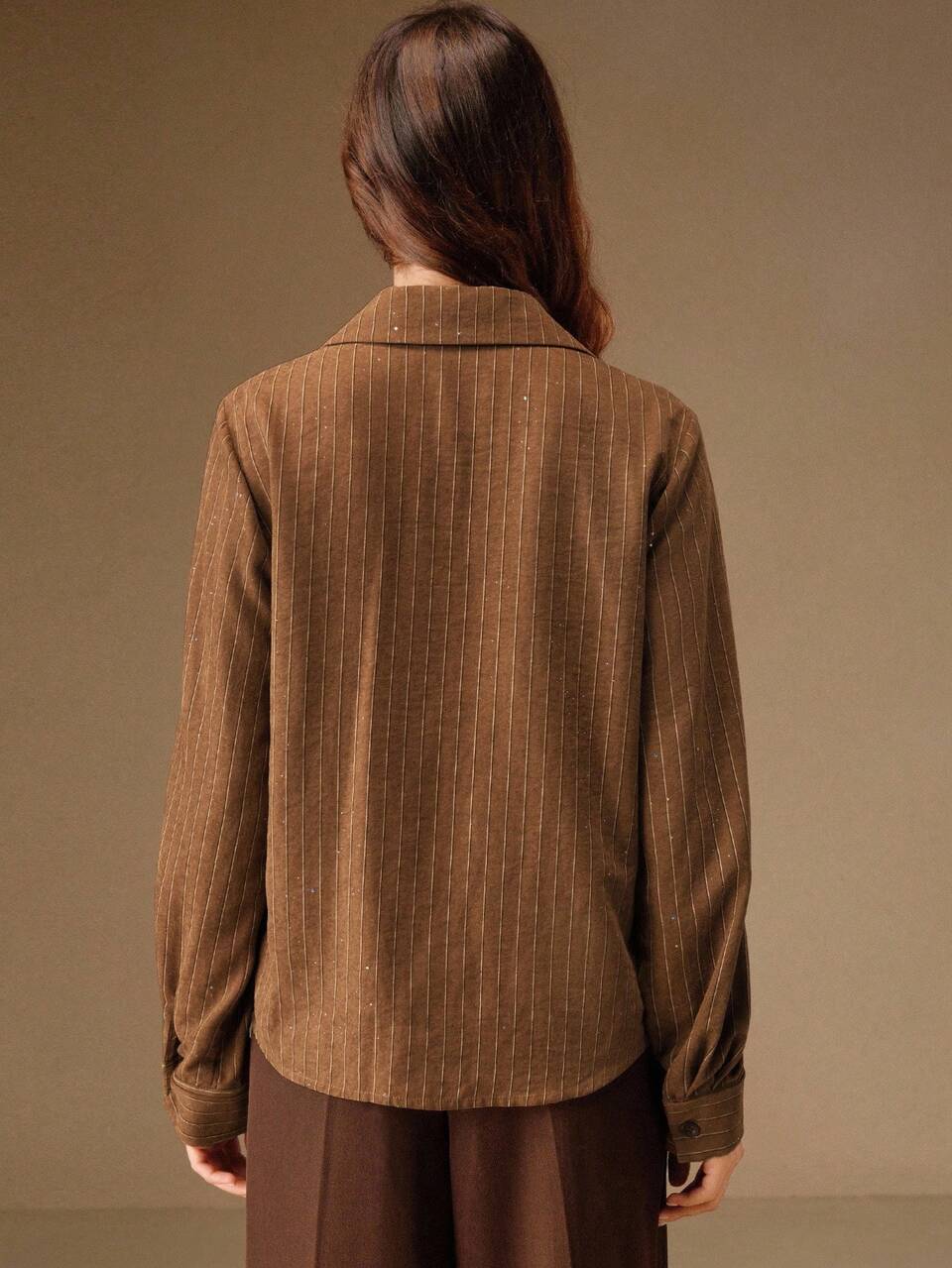 Fashionable Luxury Design Handmade Rhinestone & Sequin Striped Long Sleeve Loose Elegant Collared Women Shirt, Autumn/Winter