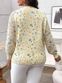 EMERY ROSE Damen Pullover in Große Größen mit Blumenmuster, V-Ausschnitt, Hohlmuster, locker gestrickt, Langarm, Lässig Resort Stil, Herbst - Verschiedenfarbig - Übersicht 2