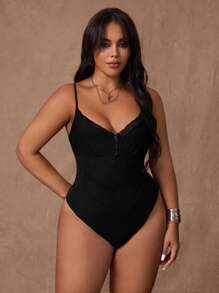 Rustia Plus Size Women Contrast Lace Button Design Sexy Bodysuit CASUAL - Black - View 5