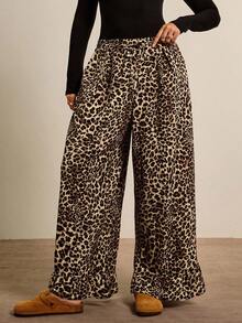 Freevana Plus Size Women Leopard Print Pleated Wide Leg Loose Casual Pants Fall Clothes Winter Clothes Ruffle Chic Casual Work Pants Wide Leg - Multicolor - View 4