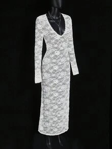 SHEIN ICON 提花透视深V领纯色透视长袖连衣裙 - 杏色 - 查看 6