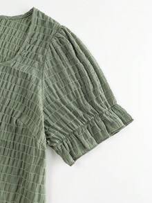 SHEIN VCAY Plus Size Casual Solid Color Textured Puff Sleeve Shirt - Green - View 4