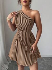 Elenzga Striped Asymmetric Collar Waist Twist Patchwork Asymmetrical A-Line Dress For Women - Multicolor - View 4