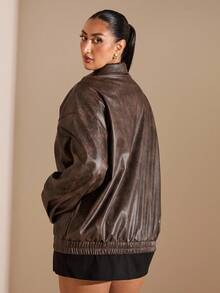 SHEIN BAE Plus Size Fashionable Retro Dropped Shoulder Loose Jacket,Fall Clothes For Women
