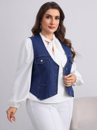 EMERY ROSE 大码牛仔夹克，休闲宽松背心，蓝色