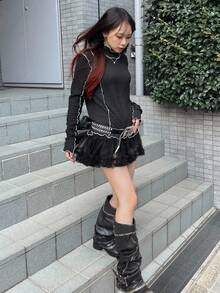 FRIFUL 女式黑色立领长袖撞色修身休闲T恤，秋季 - 黑色 - 查看 2