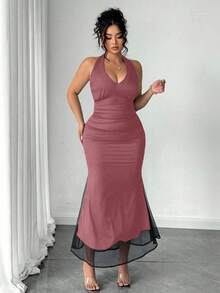 SHEIN PETITE Mesh Double Layer Halter Maxi Fish Tail Dress, Elegant Plus Size & Petite Summer Dress - Multicolor - View 5