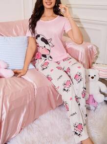 SHEIN 2 件套可爱奶牛印花针织短袖睡衣套装，舒适睡衣 - 彩色 - 查看 5
