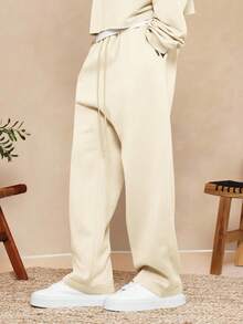 SUMWON Essential 低裆慢跑裤 宽松版型 抽绳腰带 休闲居家服 舒适宽松阔腿运动裤 秋冬纯色 - 米色 - 查看 4