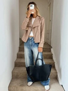 Easowa 女式休闲时尚街头时尚翻领拉链仿麂皮机车夹克，秋季 - 駝色 - 查看 4