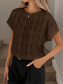 Easowa 女士纹理面料圆领短袖T恤，米色，夏季 - 棕色 - 查看 3