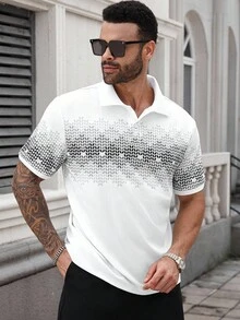 Manfinity Homme 1pc Men's Geometric Print Short Sleeve Polo Shirt,Black N White Summer Casual Golf Top,Eye-Catching Pattern,Business Daily Wear Gift For Husband - White - View 1