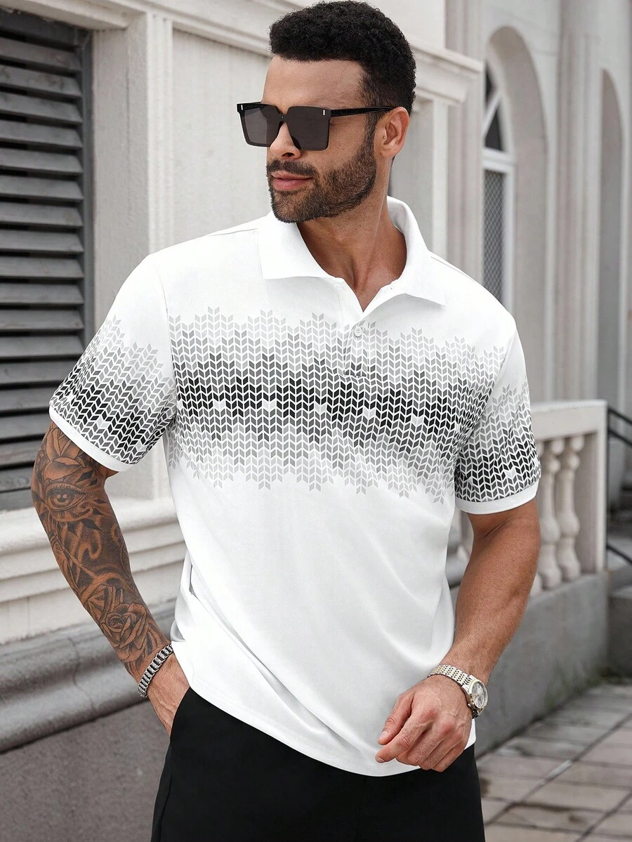 Manfinity Homme 1pc Men's Geometric Print Short Sleeve Polo Shirt,Black N White Summer Casual Golf Top,Eye-Catching Pattern,Business Daily Wear Gift For Husband - White - View 1