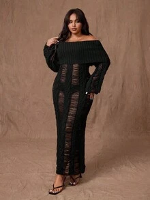 Rustia Plus Size Women's One-Shoulder Long Sleeve Distressed Fitted Sexy Knit Dress Winter Fall Autumn - Black - View 5