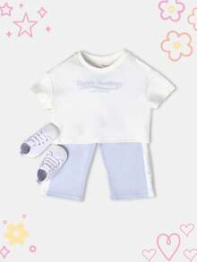 SUMWON Academy All Day Fun Baby Girls Summer Two Piece Set Crop Top With Knee Length Shorts Casual Daywear Outfit With Text Print - Multicolor - View 1