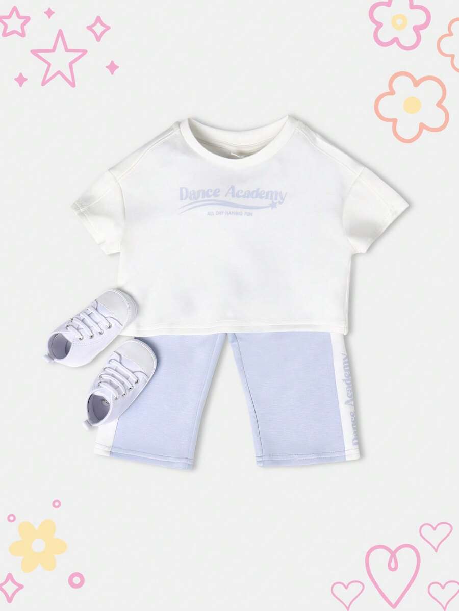 SUMWON Academy All Day Fun Baby Girls Summer Two Piece Set Crop Top With Knee Length Shorts Casual Daywear Outfit With Text Print - Multicolor - View 1