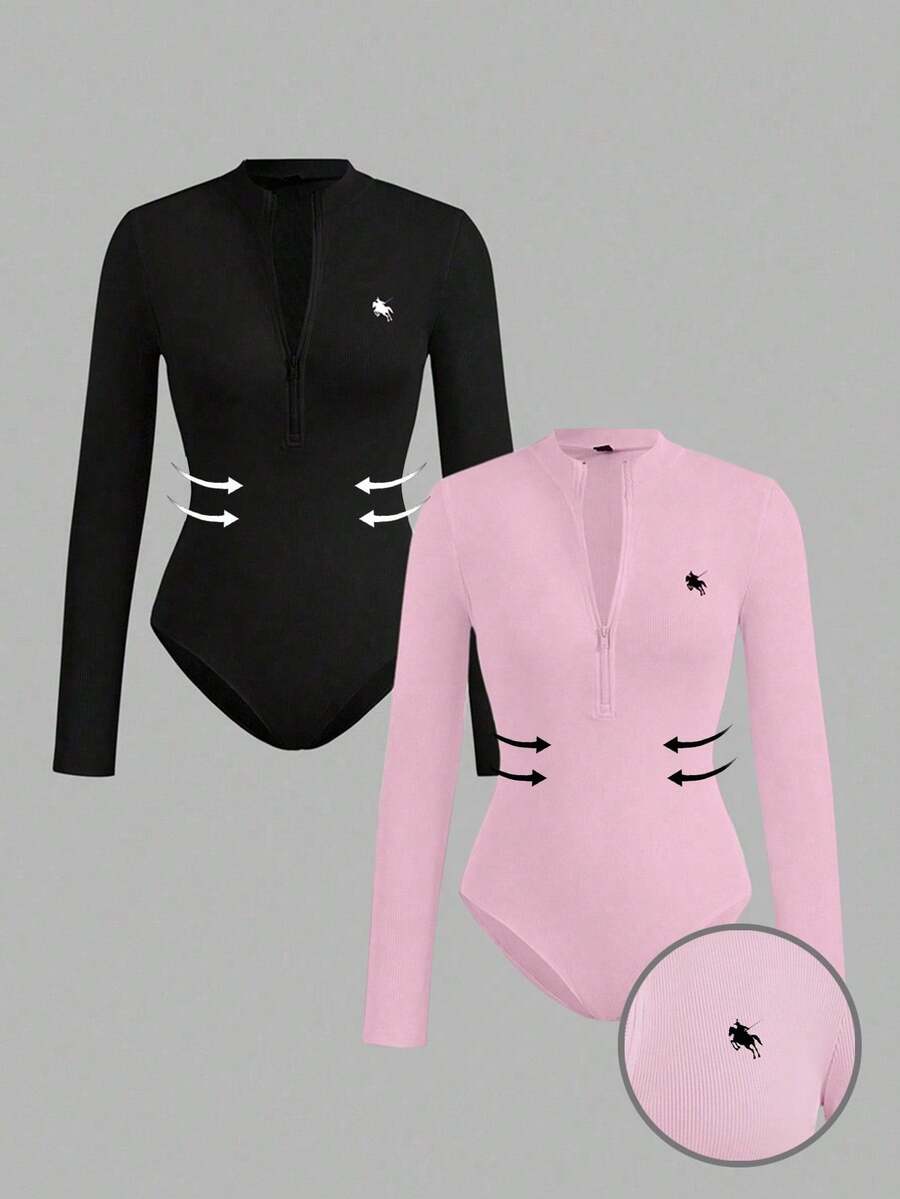 SHEIN EZwear Bộ đồ liền thân cổ cao có khóa kéo họa tiết ngựa con dành cho nữ, áo liền thân dài tay thường ngày, thu/đông - Nhiều màu - Xem 1