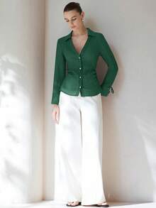 Aveloria Modichic Green Collared Shirt, Minimalist V-Neck Design, Waist Ruched Details Add Dimension, Sleeve Cuff Accents For Fashionable Women - Green - View 4