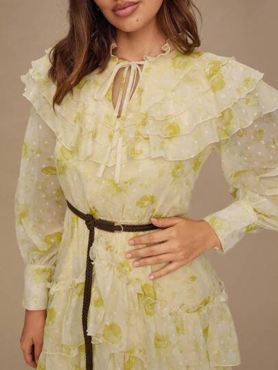 Enchnt Romantic And Elegant Cream-Yellow Floral Print Mini Dress With Long Sleeves, A Ruffled Hem, And An Asymmetrical Hem Is Perfect For Autumn And Winter. Sweet And Elegant, It's Suitable For Vacations, Dates, Holidays, Parties, Wedding Guests, The Beach, Dances, And Can Also Be Worn As A Sundress, Autumn Dress, Or Fall Clothing.