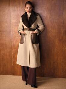 MOTF PREMIUM WOOL CONTRAST FUZZY LAPEL COLLAR FLAP POCKET DOUBLE BREASTED PLACKET LONGLINE OVERCOAT WITH BELT - Light Grey - View 6