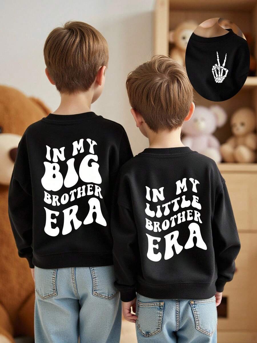 SHEIN Young Boy Casual Simple Skull & Slogan Printed Basic Pullover Sweatshirt - Black - View 1