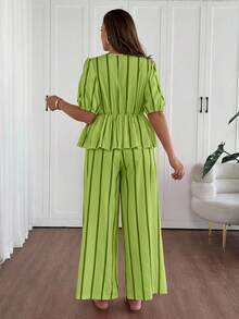 Vionelle 大码粉色条纹蝴蝶结短袖两件套 - 綠色 - 查看 2