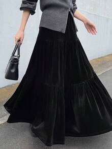 FRIFUL 女式弹性腰部天鹅绒A字长裙 - 黑色 - 查看 1