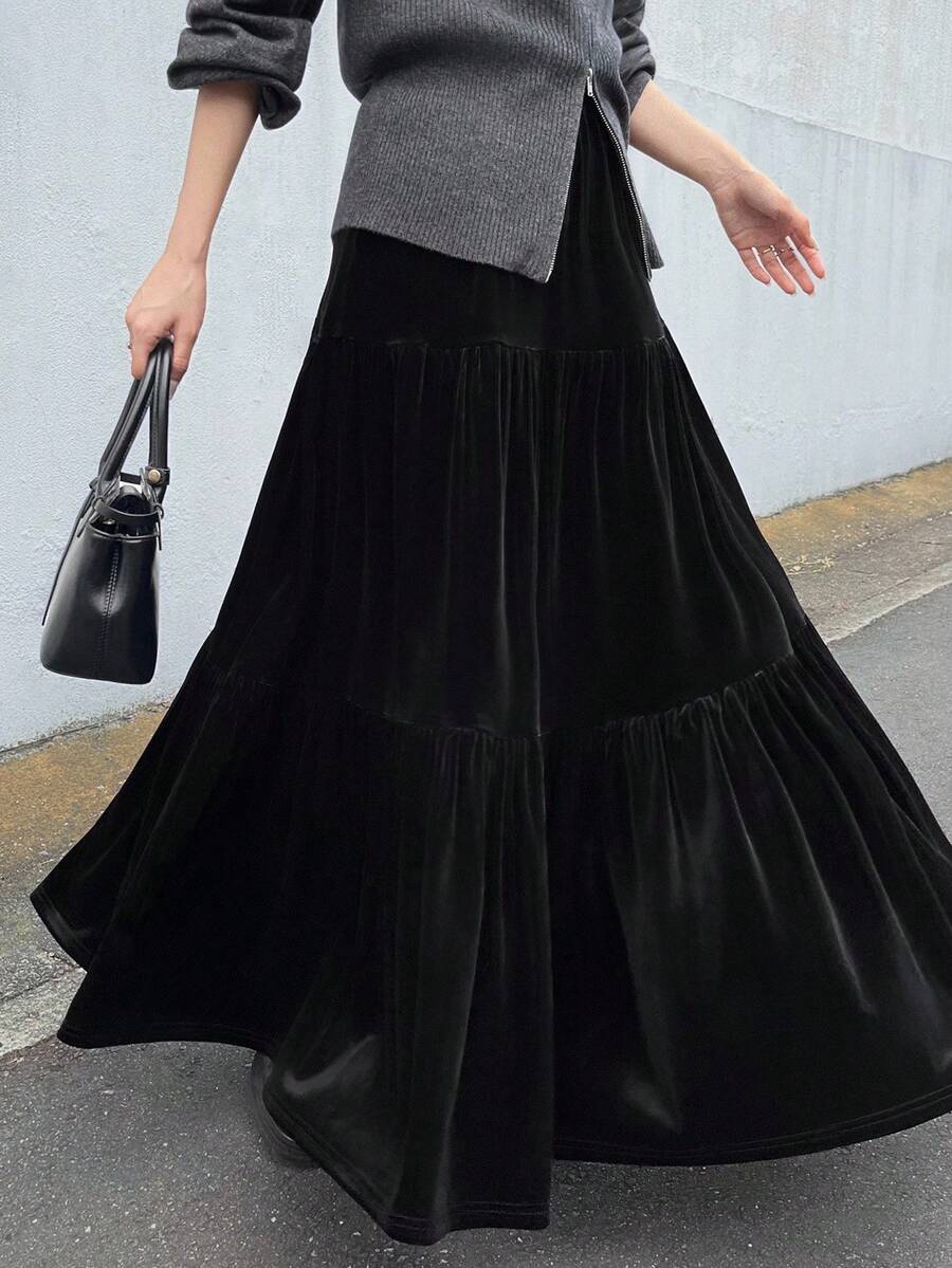 FRIFUL 女式弹性腰部天鹅绒A字长裙 - 黑色 - 查看 1