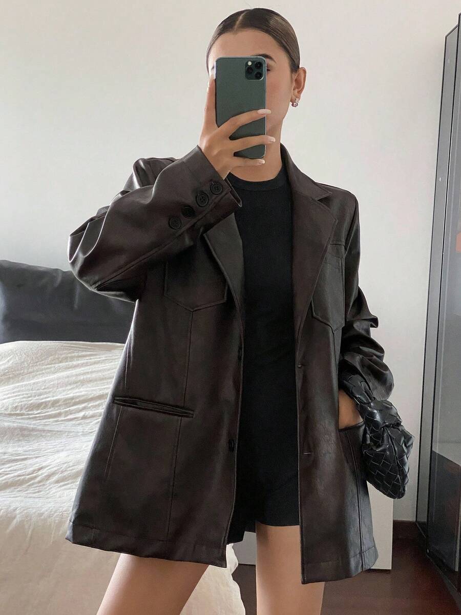 Livesso Women's Casual Solid Color PU Loose Blazer Jacket, Autumn