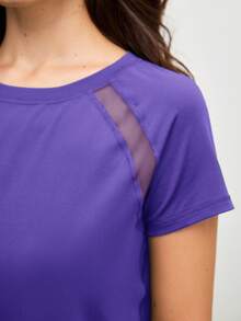 SHEIN Sports Women's Minimalist Mesh Patchwork Short Sleeve Sports T-Shirt, Purple Workout Top - Violet Purple - View 4