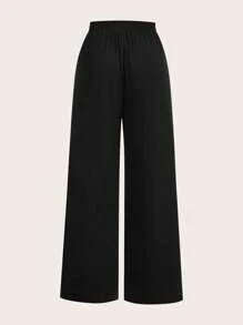 SHEIN EZwear Quần ống rộng cạp chun rút eo cỡ lớn dành cho nữ, màu đen - màu đen - Xem 6