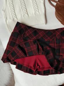 Comfortcana 女式休闲格子褶皱A字裙，秋季 - 紅色 - 查看 5