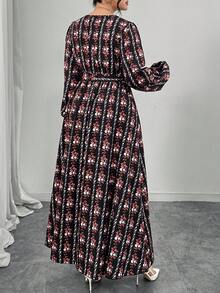 Modelyn Vestido corto de manga corta con volantes de talla grande para mujer, con estampado romántico elegante de rayas y flores - Multicolor - Ver 2