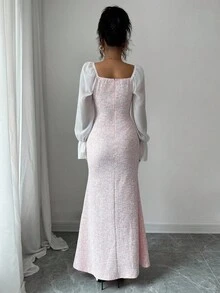 Elenzga 纹理粉色褶饰色块雪纺泡泡袖蝴蝶结，针织法式优雅通勤长喇叭袖，束腰美人鱼下摆，复古连衣裙 - 粉色 - 查看 2